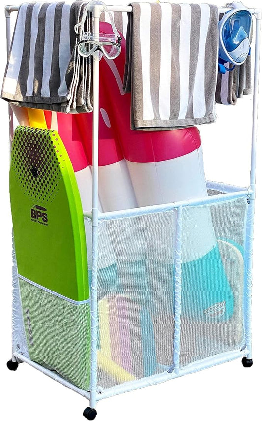 Pool Equipment Holder with Towel Drying Bars, Mesh Rolling Multi Use Storage Organizer Bin, Large Towel Hanger (25" L x 34.5" W x 62.6" H), White