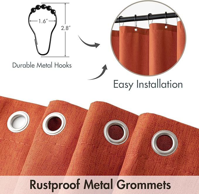 MIULEE Burnt Orange Linen Shower Curtain with 12 Metal Hooks Modern Heavy Duty Washable Fabric Shower Curtain Set Waterproof Thick Cloth Shower Curtain for Bathroom Hotel Bathtub, W72*L72, Terracotta