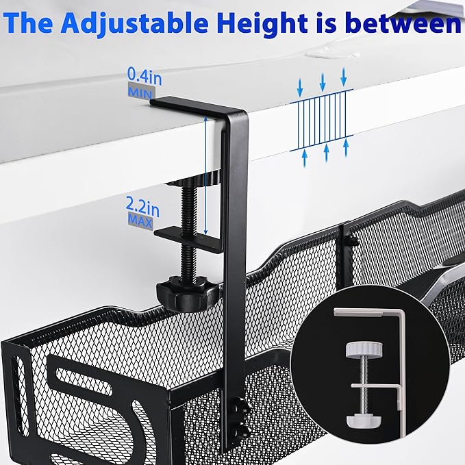 Under Desk Cable Management Box 25.3 Inch – Clamp-Mounted Cable Organizer Tray, Large Cord Management Box for Office & Home, Wire Organizer Under Desk Storage, Black