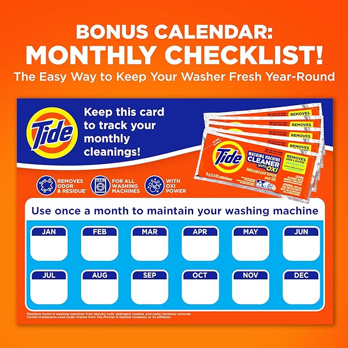 Tide Washing Machine Cleaner, Washer Machine Cleaner with Oxi for Front and Top Loader Washer Machines, Deep Cleaning Residue & Odor Eliminator, 10 Month Supply + Calendar