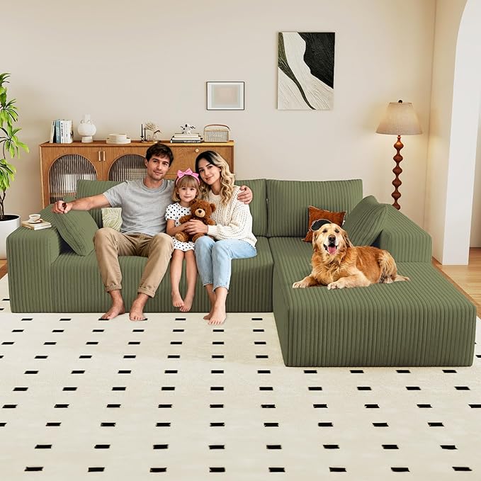 96" Modular Sectional Couch, Boneless L Shaped Cloud Sofa with Chaise Lounge, Corduroy Upholstered Couches Memory Foam Deep Seat, No Assembly Required, Ideal for Living Room(Green, Right Facing)