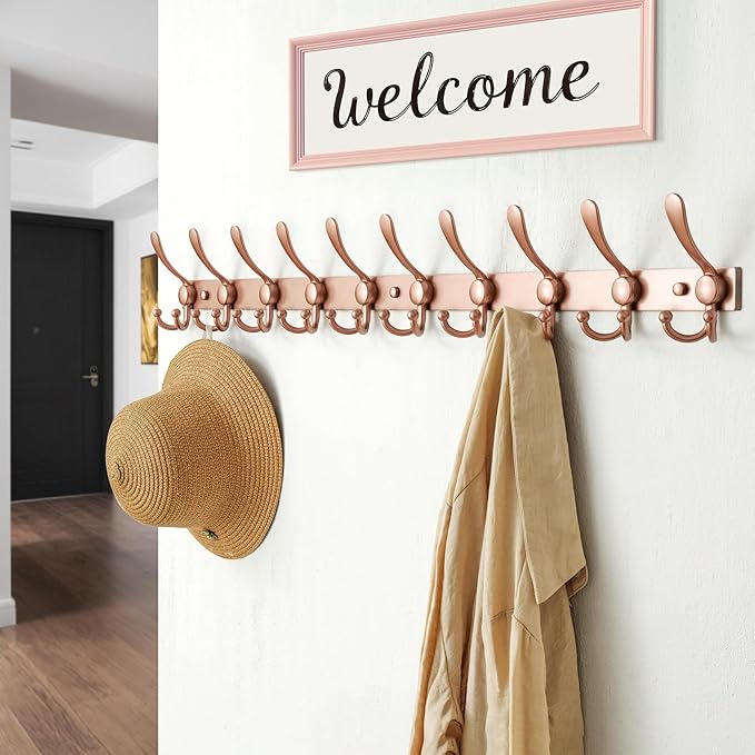 Dseap MaxStrong 2.0 Coat Rack Wall - 37” Long 10 Tri Hooks - Ultra Heavy-Duty Stainless Steel Wall Mount Coat Hanger, Hook Rail for Clothes Hats Jacket Towels Rose Gold, Pack of 2