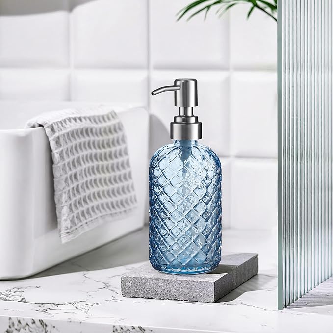 14 Oz Refillable Glass Soap Dispenser with Rust Proof Stainless Steel Pump, for Dispense Hand soap, Body wash, Lotion 2pack (Blue)