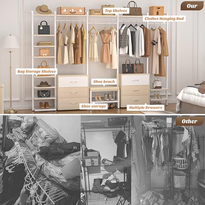 Aheaplus Clothing Rack Heavy Duty Closet Organizer for Hanging Clothes, Large Wall Mounted Garment Rack Clothes Rack with 6-Drawers for Wardrobe, Bedroom and as Walk-in Closet System, Natural+White