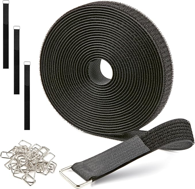 1" x 15ft Reusable Cable Straps Roll with 20 Metal Buckles Adjustable Cut-to-Length Nylon Cable Ties and Fastening Straps for Organizing and Storage Black