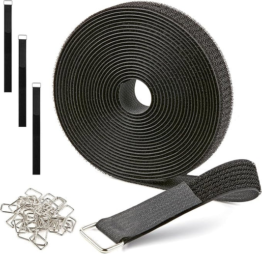 1" x 15ft Reusable Cable Straps Roll with 20 Metal Buckles Adjustable Cut-to-Length Nylon Cable Ties and Fastening Straps for Organizing and Storage Black
