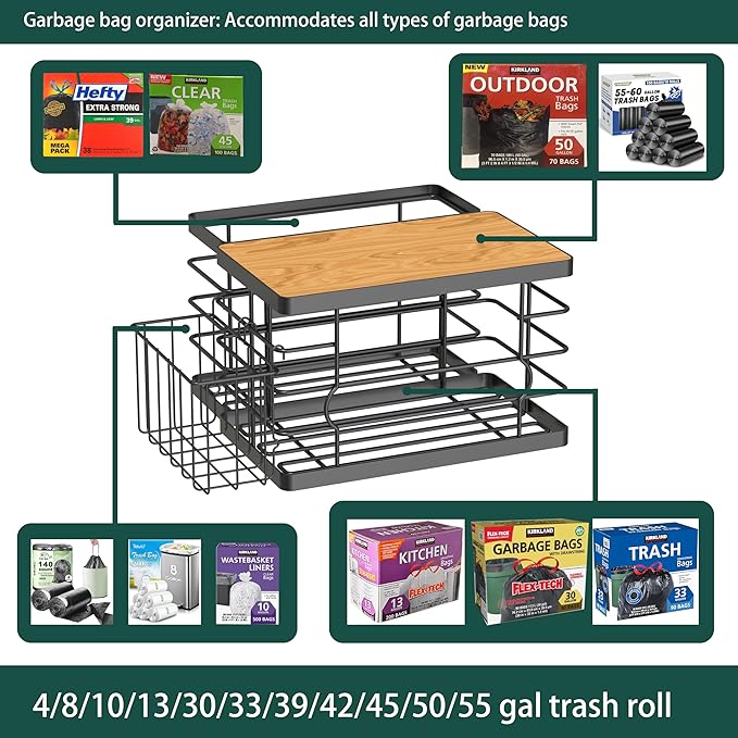 Trash Bag Dispenser Holder Under Sink, 3-in-1 Metal Garbage Bag Holder & Organizer with Bamboo Lid, Large Trash Bag Storage for Kitchen Cabinet, Pantry, Laundry Room Organization