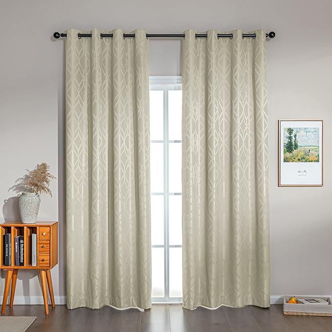 Amazon Basics Jacquard 2-Piece 100% Blackout Curtains, Living Room and Bedroom Drapes, Thermal Insulated Window Treatment, 42"x95", Beige