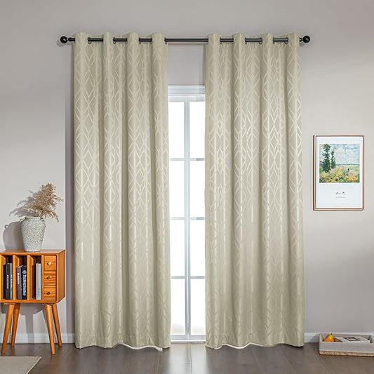 Amazon Basics Jacquard 2-Piece 100% Blackout Curtains, Living Room and Bedroom Drapes, Thermal Insulated Window Treatment, 42"x95", Beige