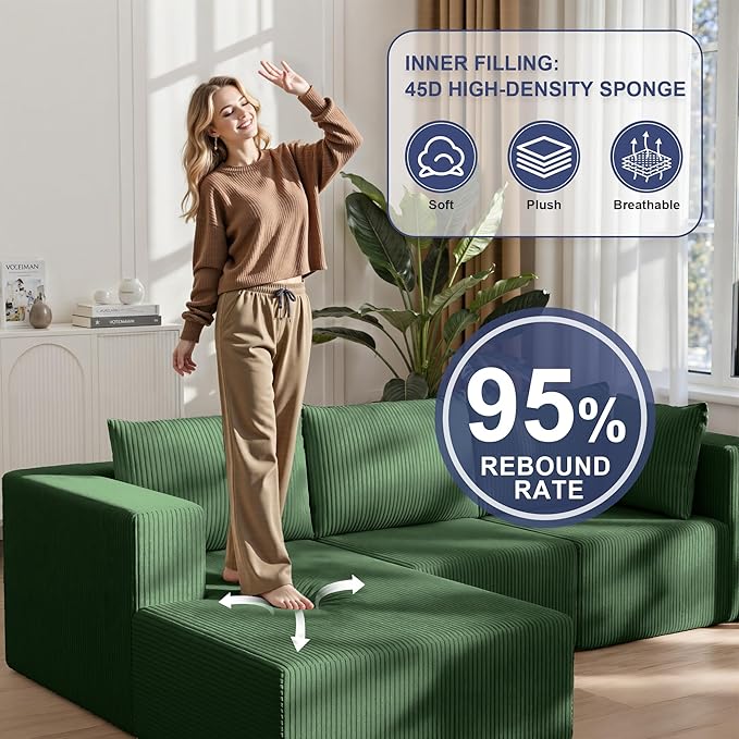 108" Boneless Couches for Living Room, Modular Cloud Couch Sofa - 4 Pieces U Shap Corduroy Sectional Sofa, Fluffy Memory Foam Sleeper Sofa Furniture, No Assembly, Wide Armrest, Green