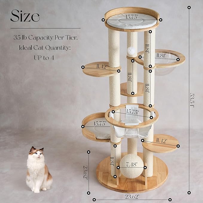 797Audio Modern Solid Wood Cat Tree Tower, 54" Tall Cat Tree with Sisal Scratching Posts, Capsule&Hammock,Natural Oak Wooden Cat Tower,Aesthetic Multi-Level Cat Climbing Tree for Large Indoor Cats