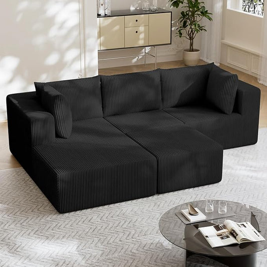 108" Boneless Couches for Living Room, Modular Cloud Couch Sofa - 4 Pieces U Shap Corduroy Sectional Sofa, Fluffy Memory Foam Sleeper Sofa Furniture, No Assembly, Wide Armrest, Black