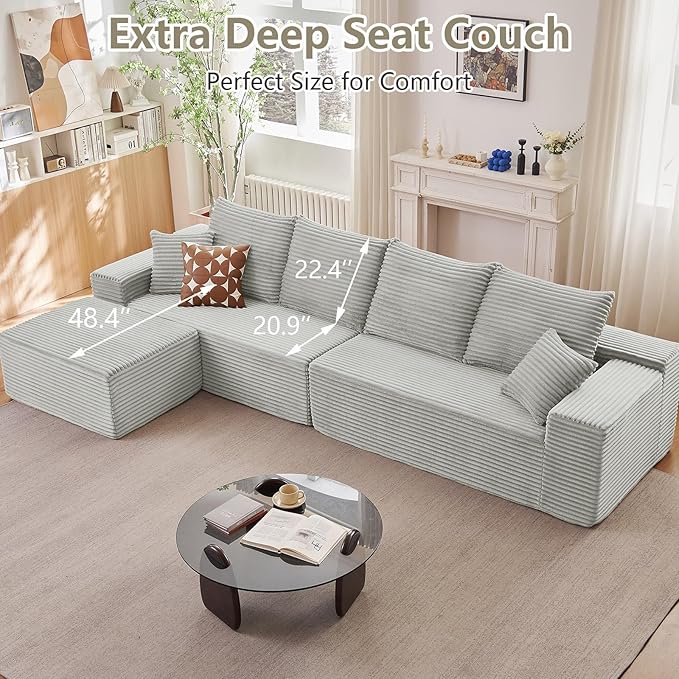 140" L Shaped Cloud Sectional Couch for Living Room, Modular Floor Deep-Seat Sofa, Big Comfy Corduroy Couches Set with Fluffy Memory Foam for Living Room Bedroom, No Assembly Required, Grey