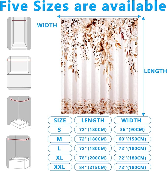 Brown Eucalyptus Leaves Shower Curtain for Bathroom:Aesthetic Art Watercolor Plant Shower Curtains Sets with Hooks,Waterproof Fabric Decor 72x72 inches.