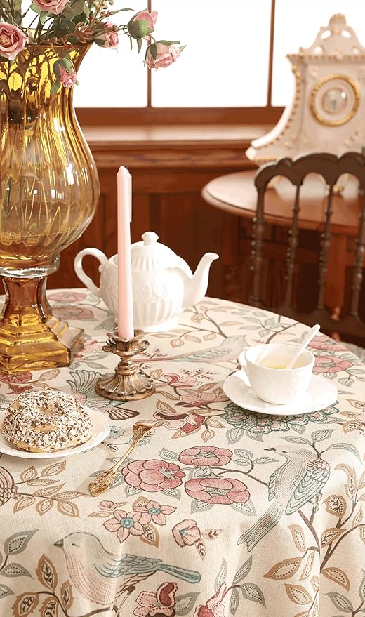 patdrea Designer Vintage Round Tablecloth,Pink Linen Table Cloth with Birds Pattern,Colorful Decoration French Table Cover for Kitchen Dining,Party,Thanksgiving,Christmas,Diameter 67"-Kulom a