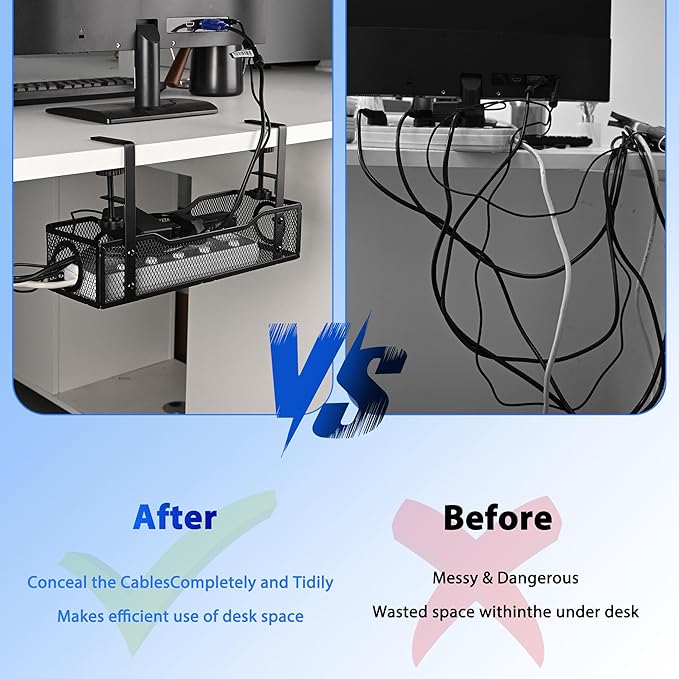 Under Desk Cable Management Tray Small – Clamp-Mounted Wire Organizer & Cord Management Under Desk Holder, No-Drill Metal Cable Tray for Home Office (Black)