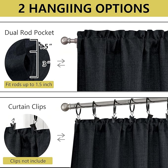 Black Kitchen Curtains 24 Inch Length 2 Panels, Light Filtering Faux Linen Textured Short Curtains Tier for Windows, Small Curtain for Cafe Cabinet Bathroom Basement RV Camper, 30Wx24L Inch