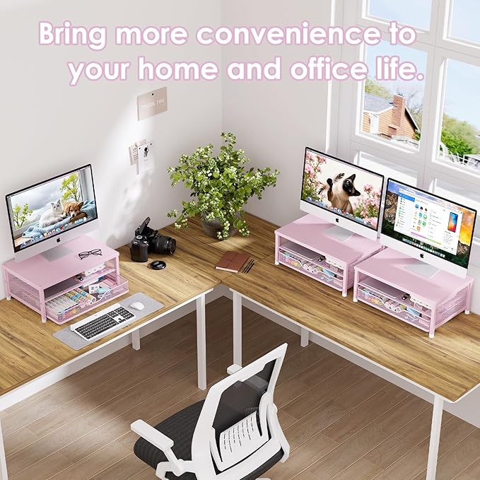 Computer Monitor Stand Riser, Desk Organizers and Accessories with Drawer, Laptop Stand, Office Desk Accessories & Workspace Desktop Organizers Storage for Office Supplies(Pink)
