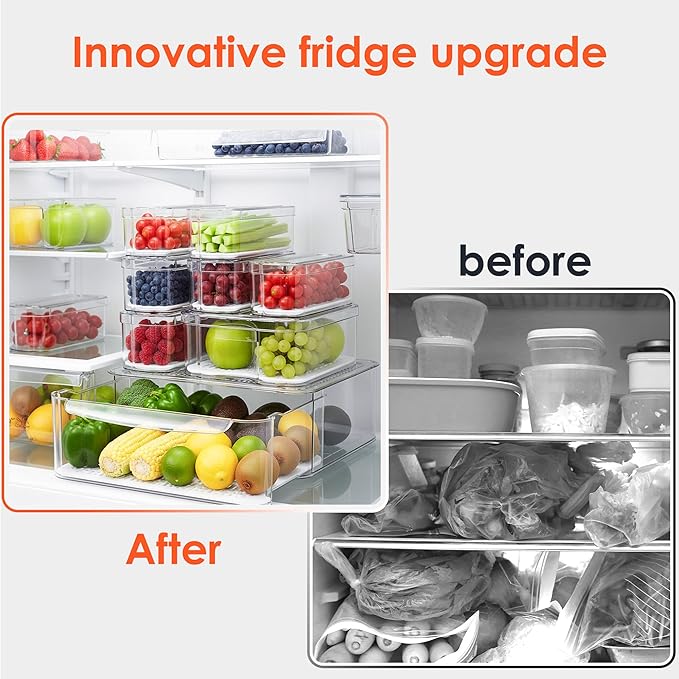 Fridge Organizers and Storage, 8 Pack Clear Freezer Organizer Bins with Lids for Kitchen, Pantry, Refrigerator, Food, Fruit, Vegetable Storage (8 Bins Include A Pull-out Drawer)