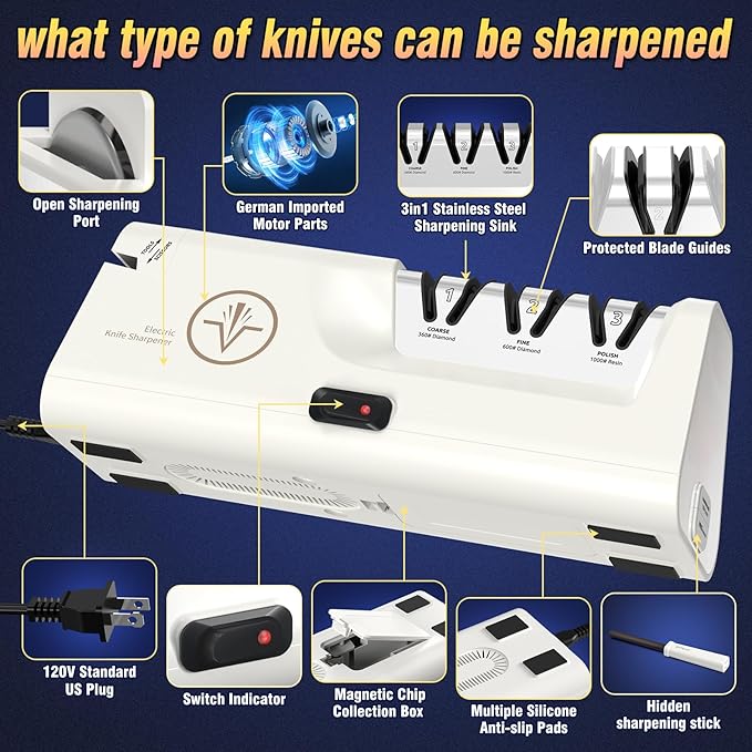 Professional Electric Knife Sharpeners with Diamond Abrasives and Precision Angle Guides, Multifunctional 4-Stage Slots and a hidden Knife Sharpener Rod, Suitable for various knives, scissors, axes ﻿