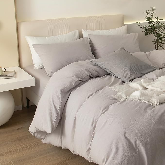 JIYUAN 100% Washed Cotton Duvet Cover Set 3 Pieces Cal King, 1 Duvet Cover 104x98 Inches(Comforter Not Included) and 2 Pillowcases,Linen Feel Bedding Set Comfy and Breathable, Heathered Linen