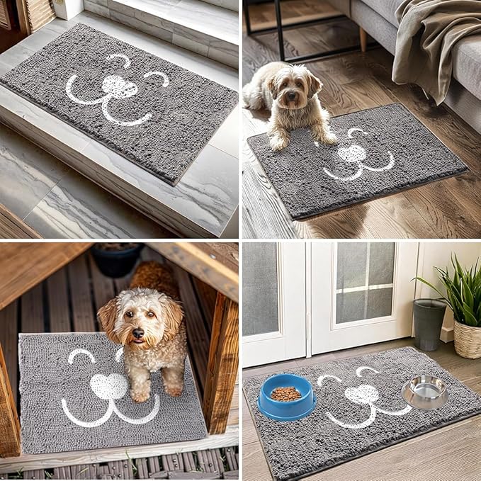 Muddy Mat® Pet Face Dog Door Embroidery Mat Super Absorbent Microfiber Indoor Outdoor mat for Muddy Paws, Non-Slip Washable Pet Rug, Quick Dry Chenille Entryway Carpet, Machine Washable – Grey 19”x30”