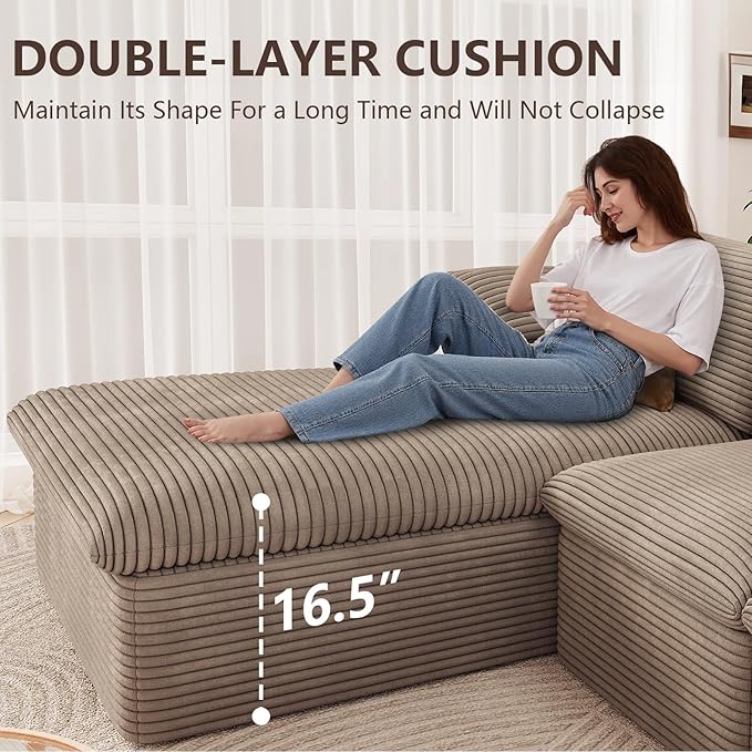 107 Inch Cloud Sectional Couch, Modern Modular Sectional Sofa with Deep Seat, Corduroy Boneless Couches with L-Shape Chaise for Living Room Bedroom, No Assembly Required (Camel, Left Facing Chaise)