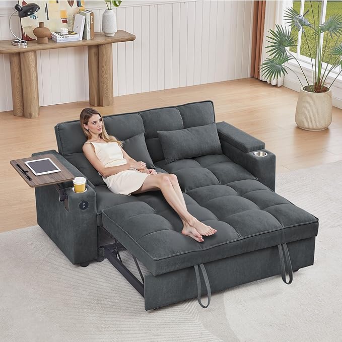 66" Multi-Functional Pull-Out Sofa Bed with Hidden Side Table, Storage Armrests, Built-in Charging Port, Spring Mattress, Solid Wood Frame – Ideal for Small Spaces, Easy Assembly