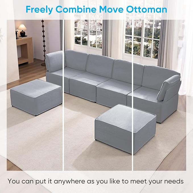 Mjkone 116'' Modular Sectional Sofa, 6-Seat Convertible U-Shaped/L-Shaped Deep Seat Couch with High Density Memory Foam Cushions, Ergonomic Backrests and 2 Movable Ottomans for Living Room, Light Gray