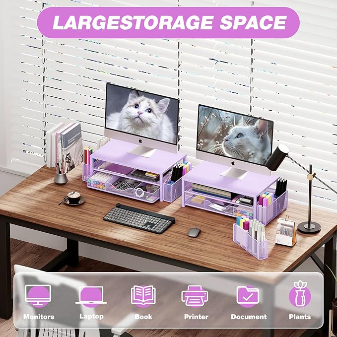 Desk Organizers and Accessories, 2-Tier Computer Monitor Stand Riser with Drawer and 2 Pen Holders, Laptop Stand, Office Desk Accessories & Office Decor for Women, Purple