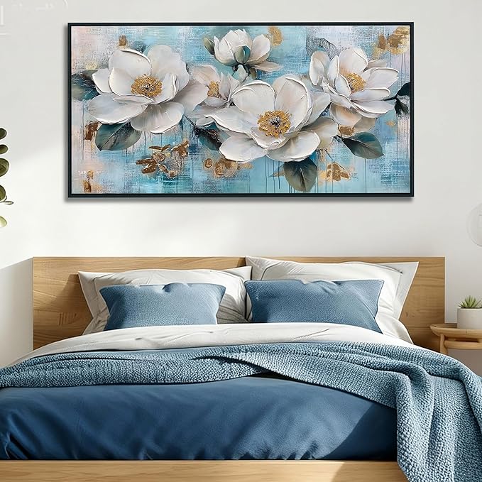 Ardemy White Floral Wall Art, Framed Teal Canvas Wall Art For Living Room Large Magnolia Pictures Wall Decor Flower Paintings Artwork for Walls Dining Room Bedroom Home Office 48"x24"