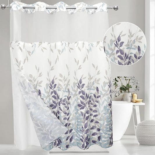 VIUOON No Hook Shower Curtain with Snap-in Fabric Liner Set, Double Layers Heavy Duty Fabric Large Leaf Pattern Bathroom Curtain with See Through Top, Hotel Grade, Machine Washable, 71Wx74L