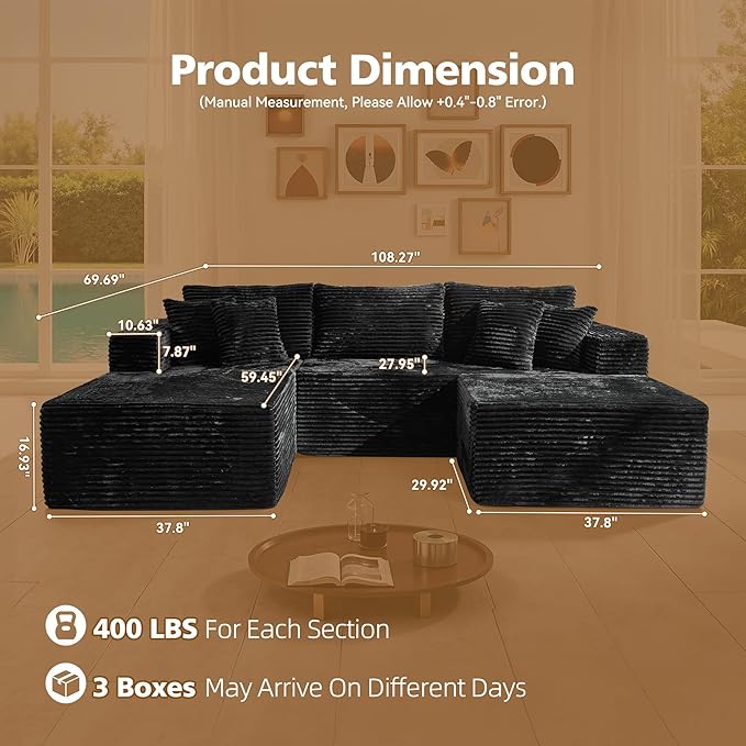 108" Modular Sectional Sofa, Cloud Sectional Couch with Ottoman, Modern Modular L-Shape Sofa Couch with Chaise,Upholstered Couches for Living Room Bedroom