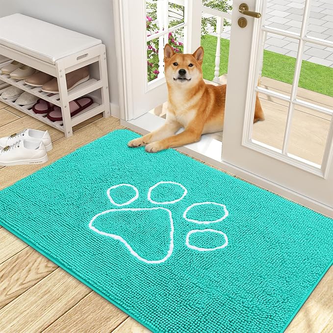OLANLY Dog Door Mat for Muddy Paws 48x30, Paw Print Design, Absorbs Moisture and Dirt, Absorbent Non-Slip Washable Doormat, Quick Dry Chenille Mud Mat for Dogs, Entry Indoor Entryway Carpet, Teal