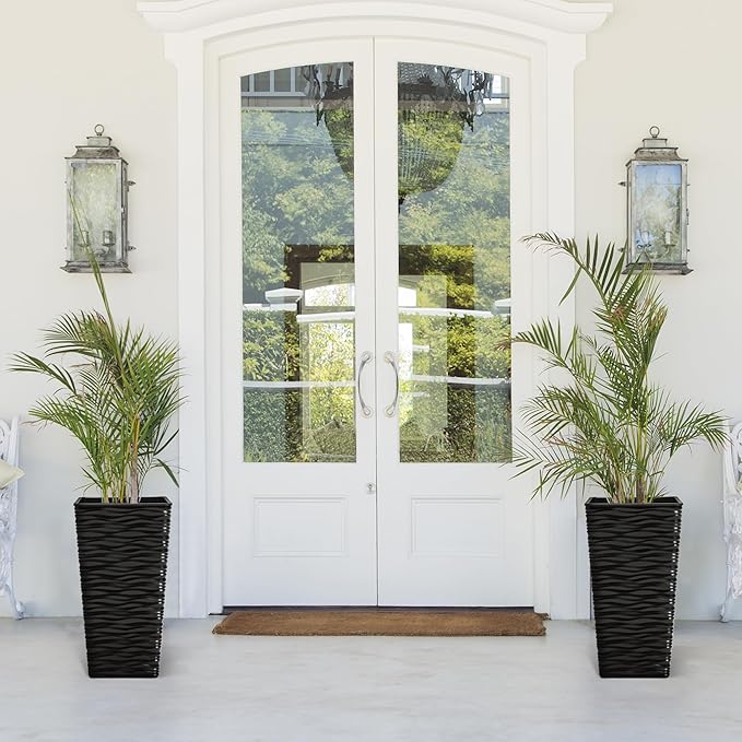 Worth Garden 2-Pack 22" H. Black Square Tapered Planter with Inside Pots - Plastic Plant Pots for Indoor Outdoor - Modern Wavy Finish Decorative Flower Pots for Front Porch Containers Patio Deck