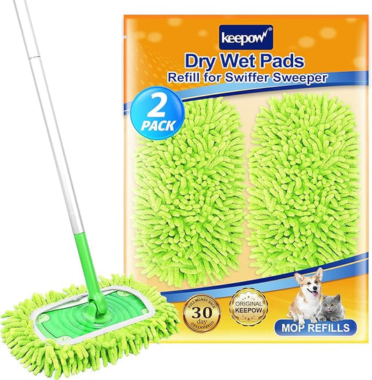 KEEPOW Reusable Microfiber Mop Pads Compatible with Swiffer Sweeper & Mop Deluxe 2-in-1, Wet & Dry Mopping Cloths for All Floors, Compatible with Swiffer Dry Sweeping Cloths for Cleaning (2 Pack)