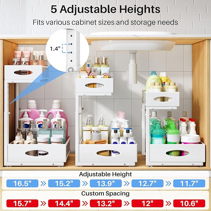 Under Sink Organizer, 2 Tier Pull Out Under Cabinet Organizer Shelf with Pad for Framed Cabinets, Metal Slide Out Under Sink Storage, Mesh Sliding Drawers for Kitchen Bathroom Laundry(White, 1 Pack)