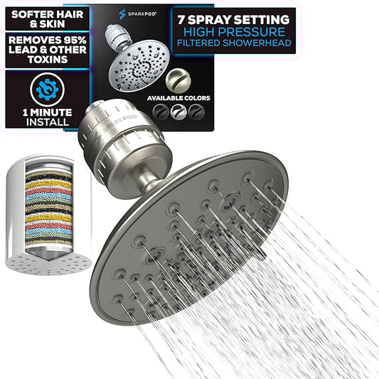 SparkPod Luxury Filtered Shower Head Set 23 Stage Shower Filter - Reduces Chlorine and Heavy Metals - High Pressure Showerhead Filter (8" Round, Elegant Brushed Nickel)