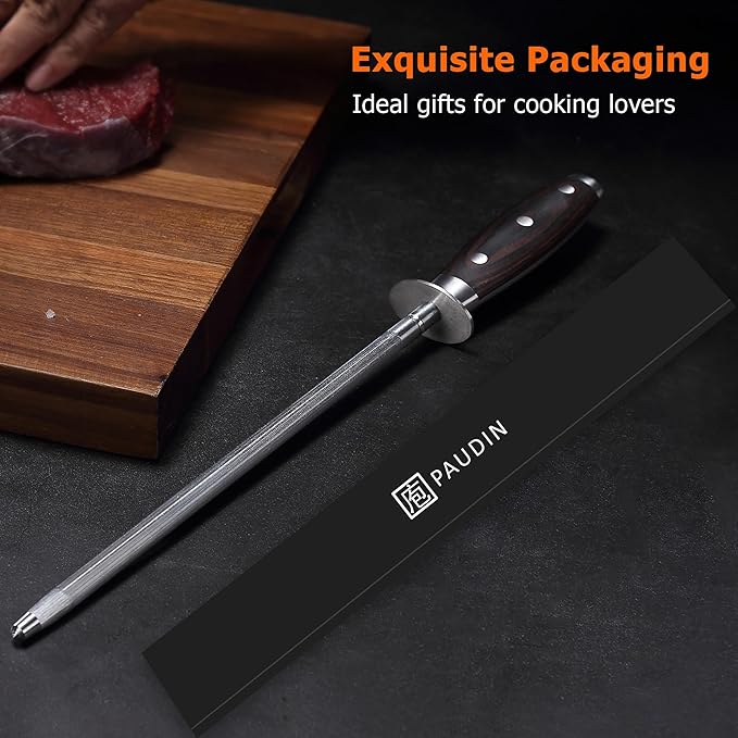 PAUDIN 10 Inch Honing Steel, Knife Sharpening Steel, Professional Carbon Steel Knife Sharpener Rod for Kitchen Knives
