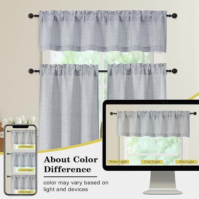 Grey Kitchen Curtains 24 Inch Length 2 Panels, Light Filtering Faux Linen Textured Short Curtains Tier for Windows, Small Curtain for Cafe Cabinet Bathroom Basement RV Camper, 30Wx24L Inch