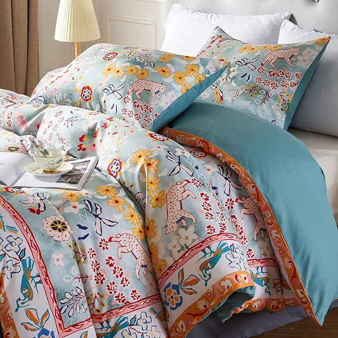 Cupocupa Duvet Cover Full Size Set Boho Floral Pattern Full Christmas Duvet Cover Set for Full Size Bed Vintage Soft Bedding Leaf Print Duvet Cover with Pillowcases