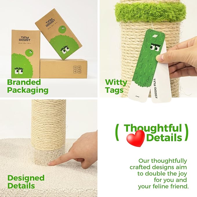 TINYBEAST 34.7" Tall Cat Scratching Post, 3 in 1 Sisal Cat Scratcher, Heavy Duty 4.3" Diameter Cat Tree with Hanging Bell Ball Toy and Reinforced Stable Base for Indoor Adult Cats & Kittens