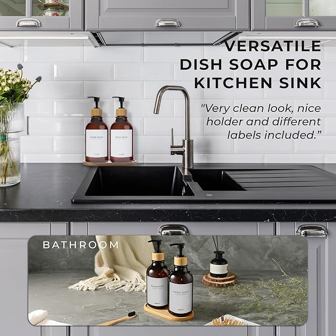 Maisonovo Plastic Soap Dispenser Set | Hand Soap and Dish Soap Dispenser Set | 16.9oz Amber Bottles with Black Bamboo Pump | Bathroom Lotion Dispenser with Pump Set of 2