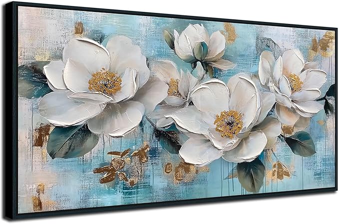 Ardemy White Floral Wall Art, Framed Teal Canvas Wall Art For Living Room Large Magnolia Pictures Wall Decor Flower Paintings Artwork for Walls Dining Room Bedroom Home Office 48"x24"