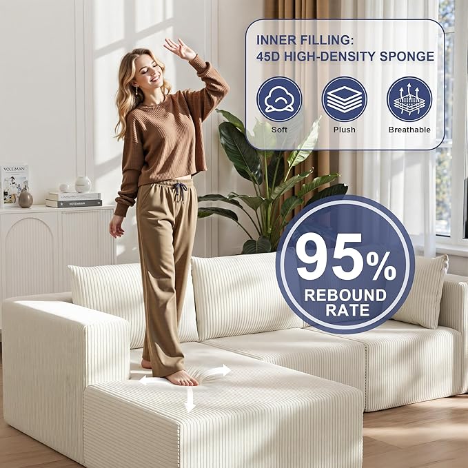 108" Boneless Couches for Living Room, Modular Cloud Couch Sofa - 4 Pieces U Shap Corduroy Sectional Sofa, Fluffy Memory Foam Sleeper Sofa Furniture, No Assembly, Wide Armrest, Beige