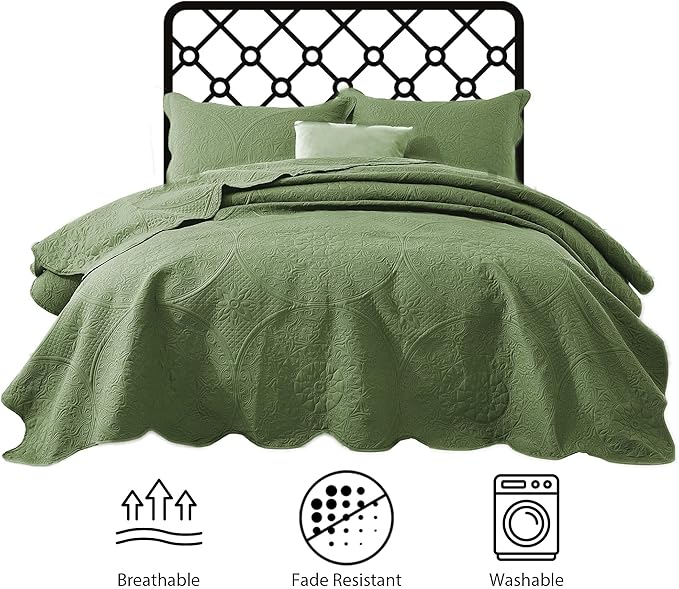 IR Imperial Rooms Queen Quilt Bedding Set Size (90" x 96") + 2 Pillow Shams (20" x 26"+ 2") - 3 Pcs All Season Lightweight Reversible Microfiber Coverlet Floral Embossed Quilt Bedspread (Olive Green)