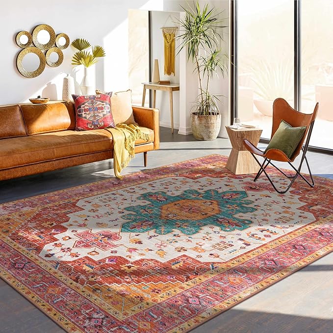 Moynesa Ultra-Thin Washable Pink Area Rug - 6x9 Large Boho for Girls Bedroom, Dining Room, Non-Shed Playroom, Office, Indoor Printed Boho Floor Carpet for Living Room Decor