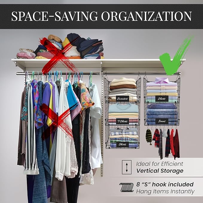 DECOLURE 5-Tier Adjustable Hanging Closet Organizer – Maximize Hanging Storage w/ 4 Hanging Hooks, 8 S Hooks & 5 Name Plates - Sturdy Foldable Wire Storage Hanging Shelves for Clothes, Towels (Black)