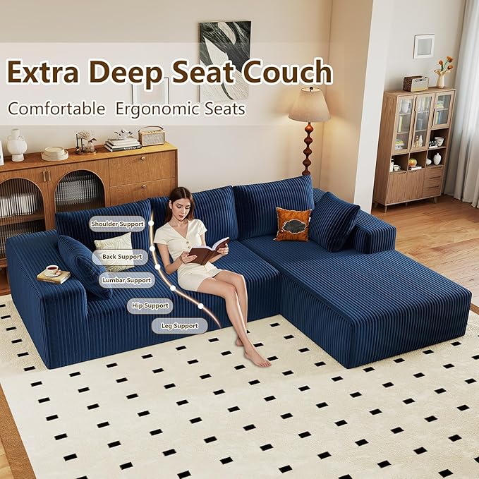 96" Modular Sectional Couch, Boneless L Shaped Cloud Sofa with Chaise Lounge, Corduroy Upholstered Couches Memory Foam Deep Seat, No Assembly Required, Ideal for Living Room(Blue, Right Facing)
