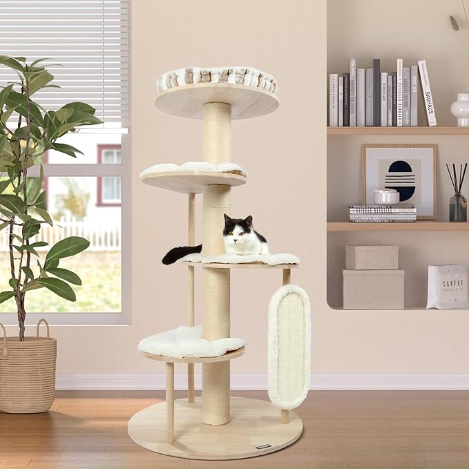 KAMABOKO Tall Modern Cat Tree, 53'' Cat Tower, Cat Tree for Indoor Cats Large Adult, Multi-Level Cat Scratching Post with 3 Imitation Rabbit Plush Padded Perches, Comfortable Pedal